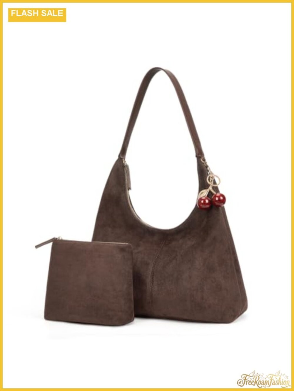 Faux Suede Hobo Bag with Cherry Charm Zippered Pouch Shoulder Purse